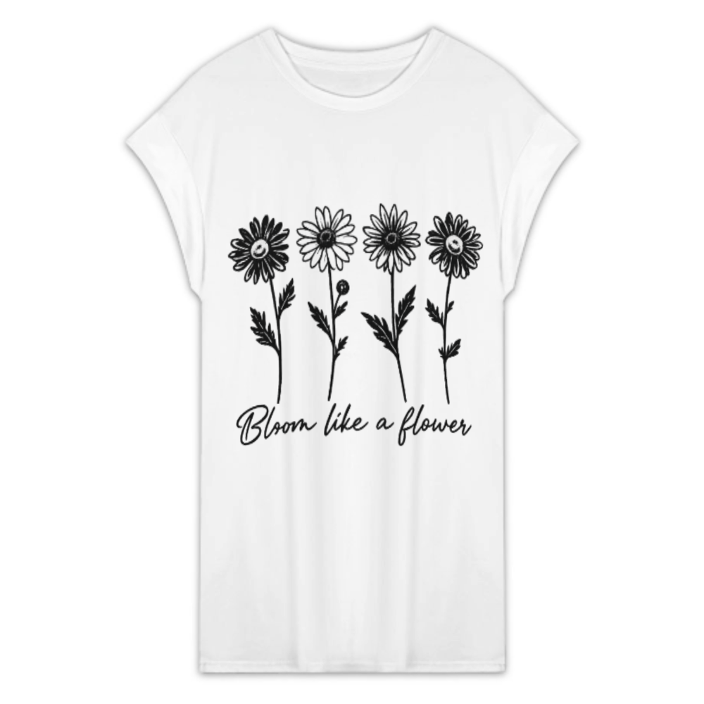 Bloom Like a Flower Oversized T-Shirt Dress, Minimal Floral Graphic Tee Dress, Inspirational Casual Loose Fit Shirt Dress(z524)