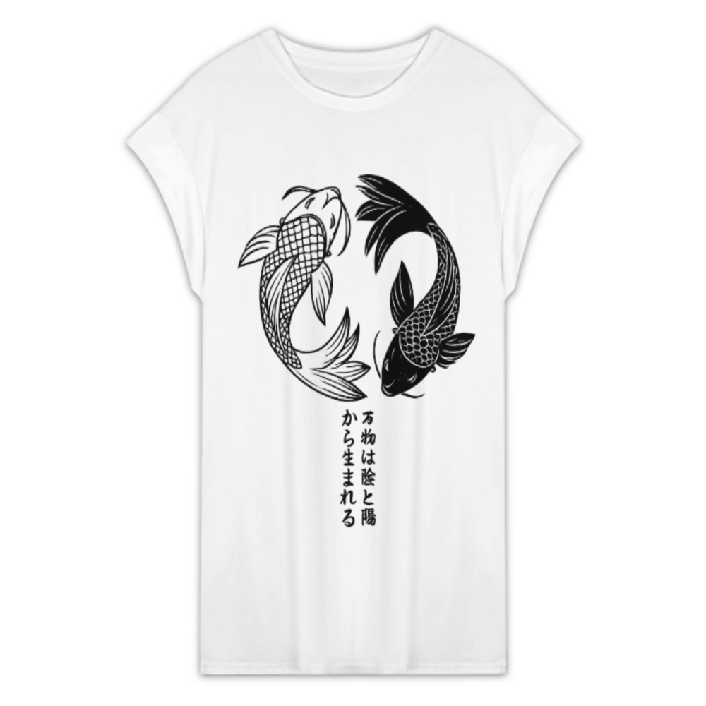 Yin Yang Koi Fish Oversized T-Shirt Dress, Japanese Style Graphic Tee Dress, Minimal Zen Streetwear Mini Dress, Monochrome Koi Art Casual Shirt(z528)