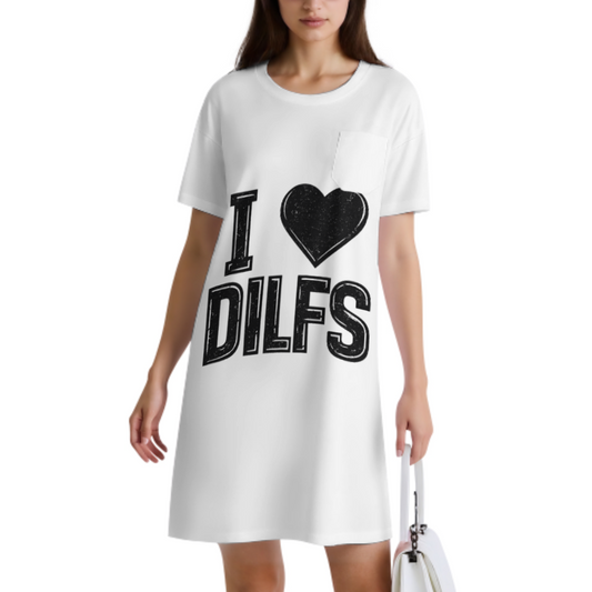 Funny I Heart DILFS Graphic Pocket T-Shirt Dress, Oversized Statement Tee Dress, Trendy Casual Lounge Outfit, Viral Humor Graphic Shirt Dress for Women(z514)