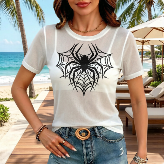 Gothic Spider Web Graphic Tee, Y2K Dark Aesthetic Shirt, Sheer Mesh Streetwear Top, Minimal Monochrome Graphic Tee, Trendy Urban Fashion Shirt(z541)