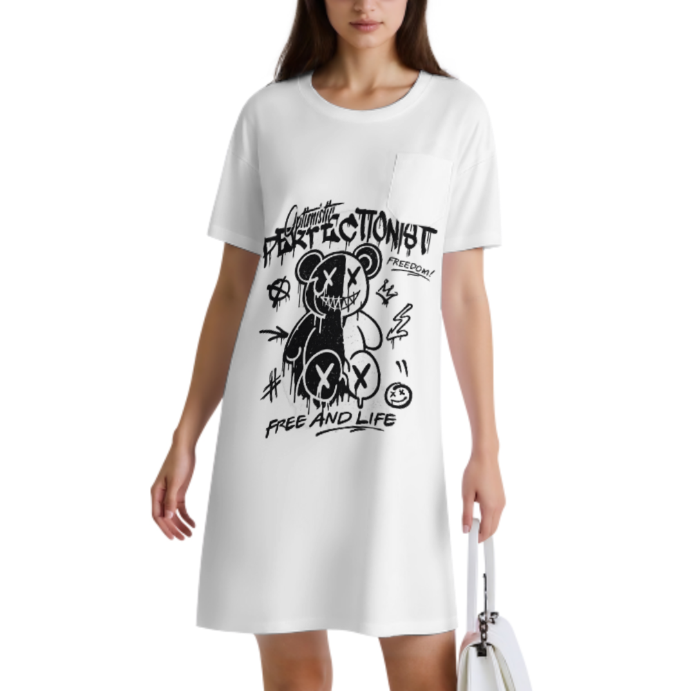Graffiti Bear Graphic Tee Dress, Streetwear Oversized Shirt Dress, Urban Cartoon Aesthetic Mini Dress, Edgy Casual Graphic Outfit for Women(z520)