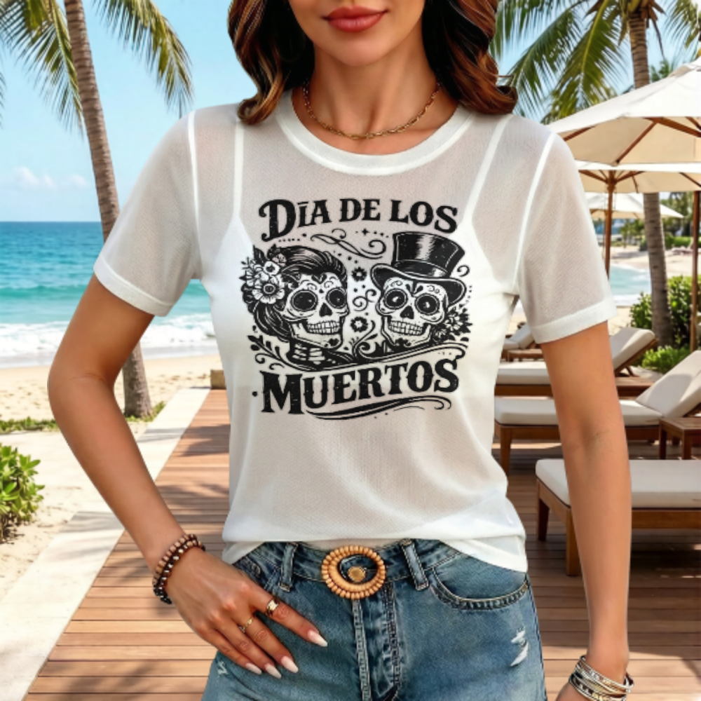 Dia De Los Muertos Graphic Tee, Gothic Skull Couple Shirt, Retro Halloween Streetwear Top, Oversized Monochrome Casual T-Shirt, Alternative Fashion Graphic Tee(z550)