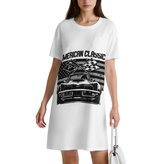 American Classic Muscle Car Graphic T-Shirt Dress, Vintage Racing Oversized Tee Dress for Women, Retro Streetwear Casual Outfit, Relaxed Graphic Shirt Dress(z516)