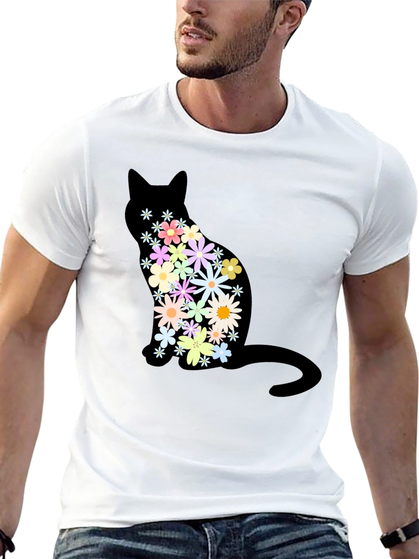 Floral Cat Graphic Print Crew Neck T-Shirt