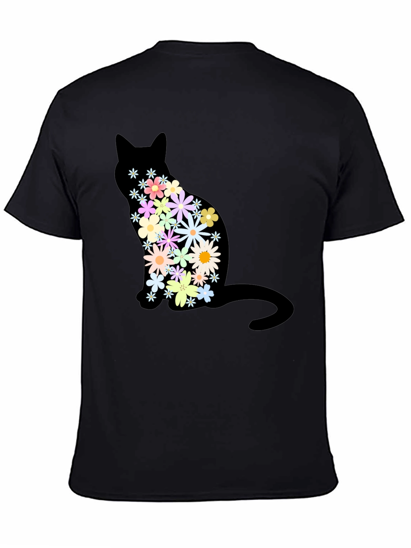 Floral Cat Graphic Print Crew Neck T-Shirt