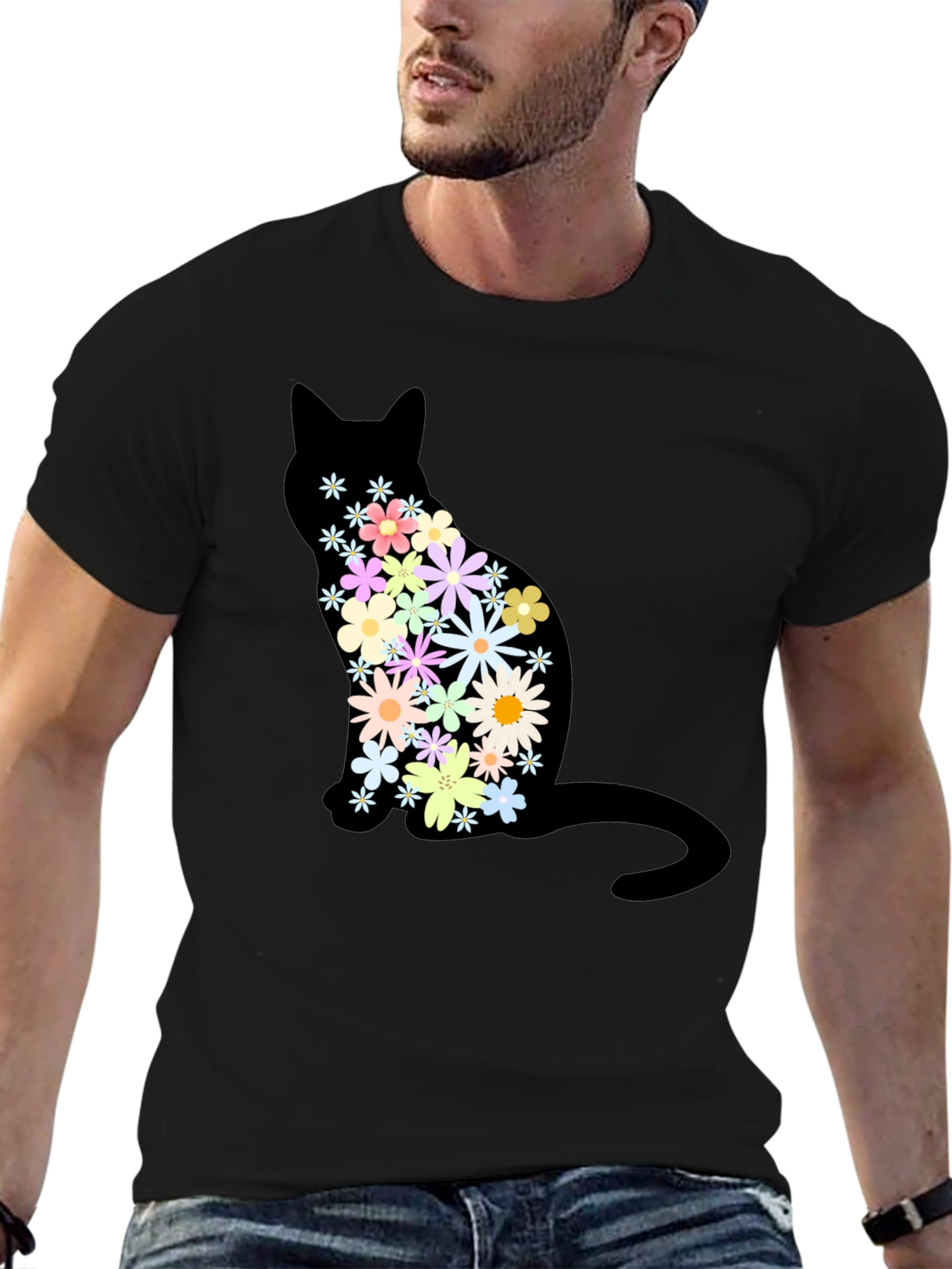 Floral Cat Graphic Print Crew Neck T-Shirt