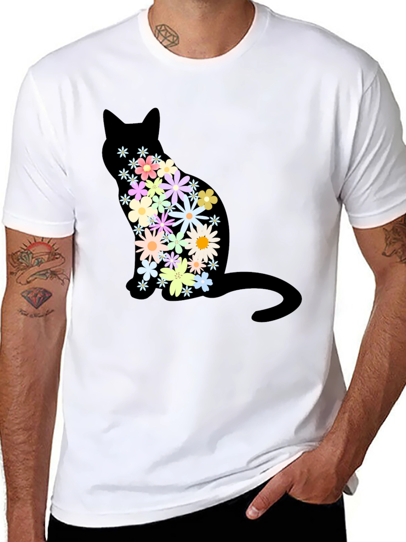 Floral Cat Graphic Print Crew Neck T-Shirt
