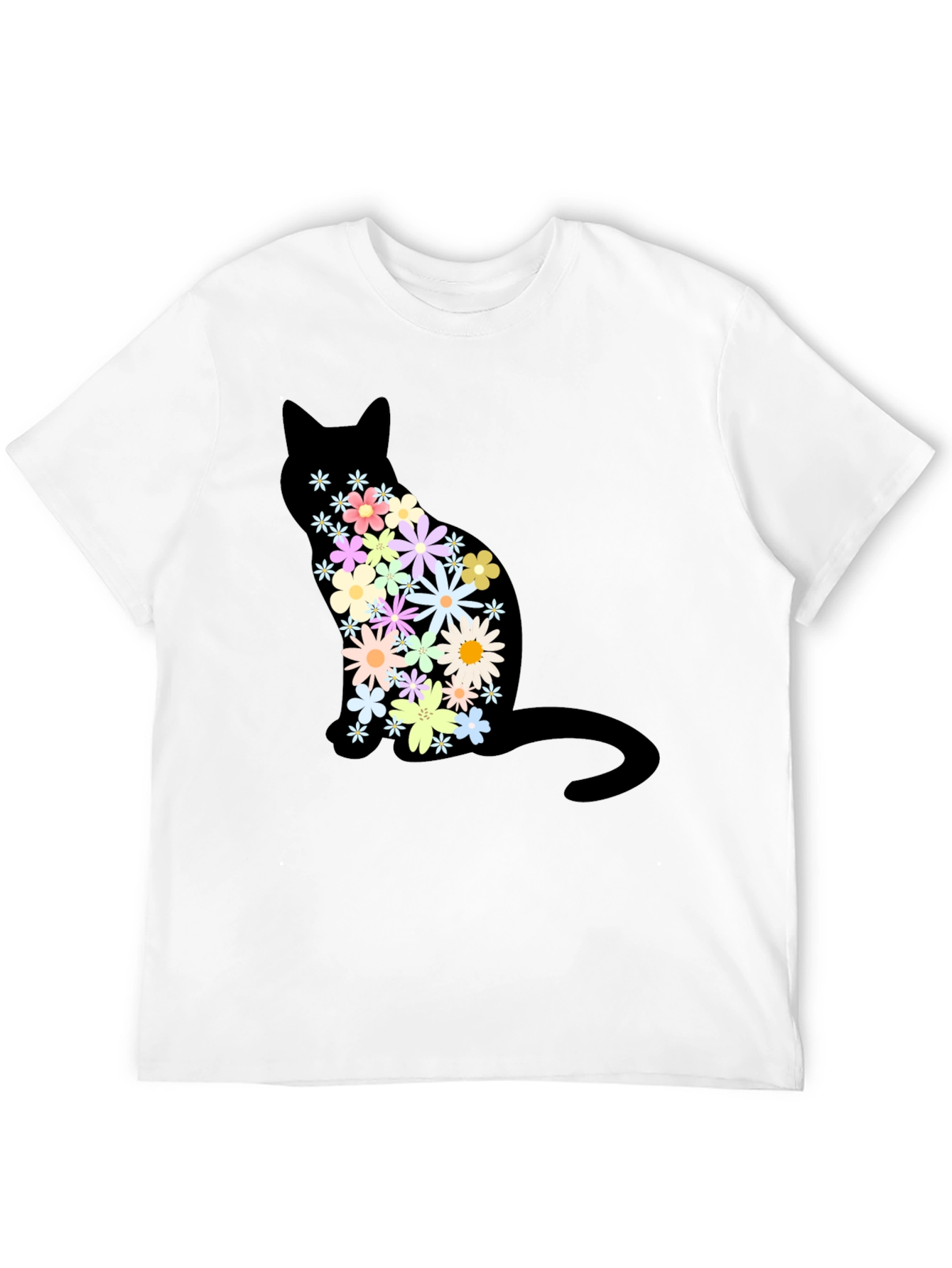 Floral Cat Graphic Print Crew Neck T-Shirt