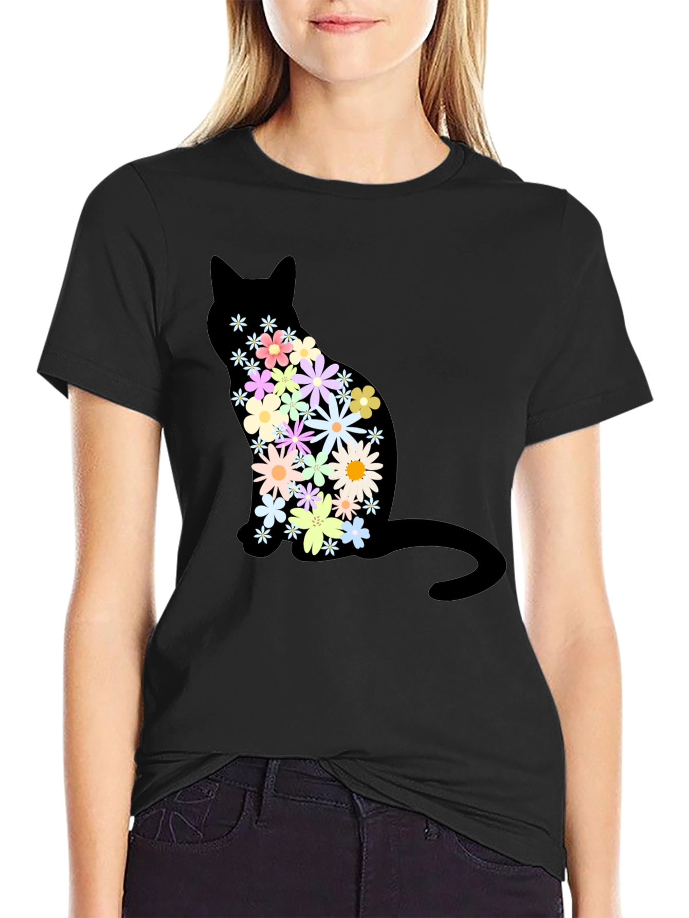 Floral Cat Graphic Print Crew Neck T-Shirt