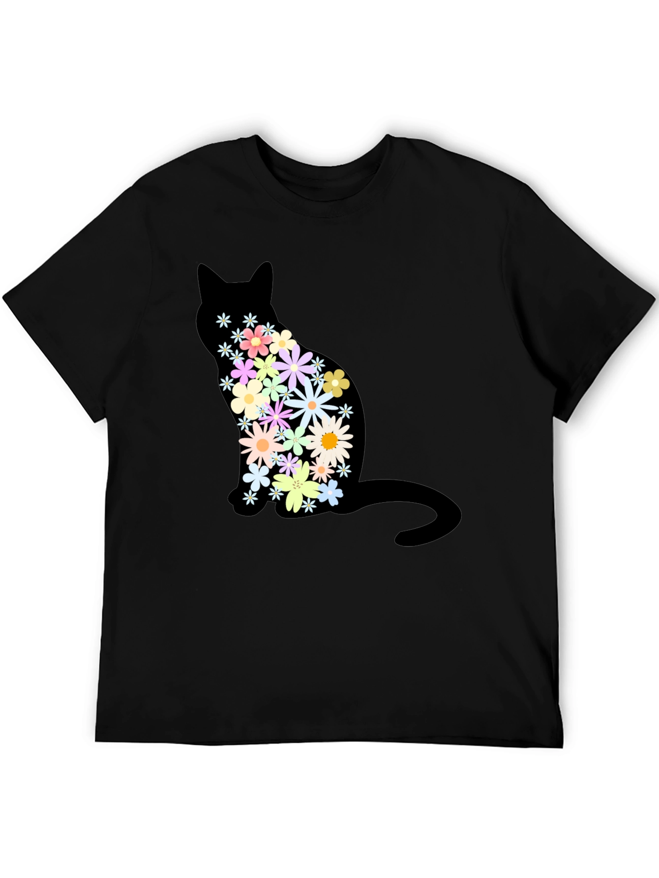 Floral Cat Graphic Print Crew Neck T-Shirt