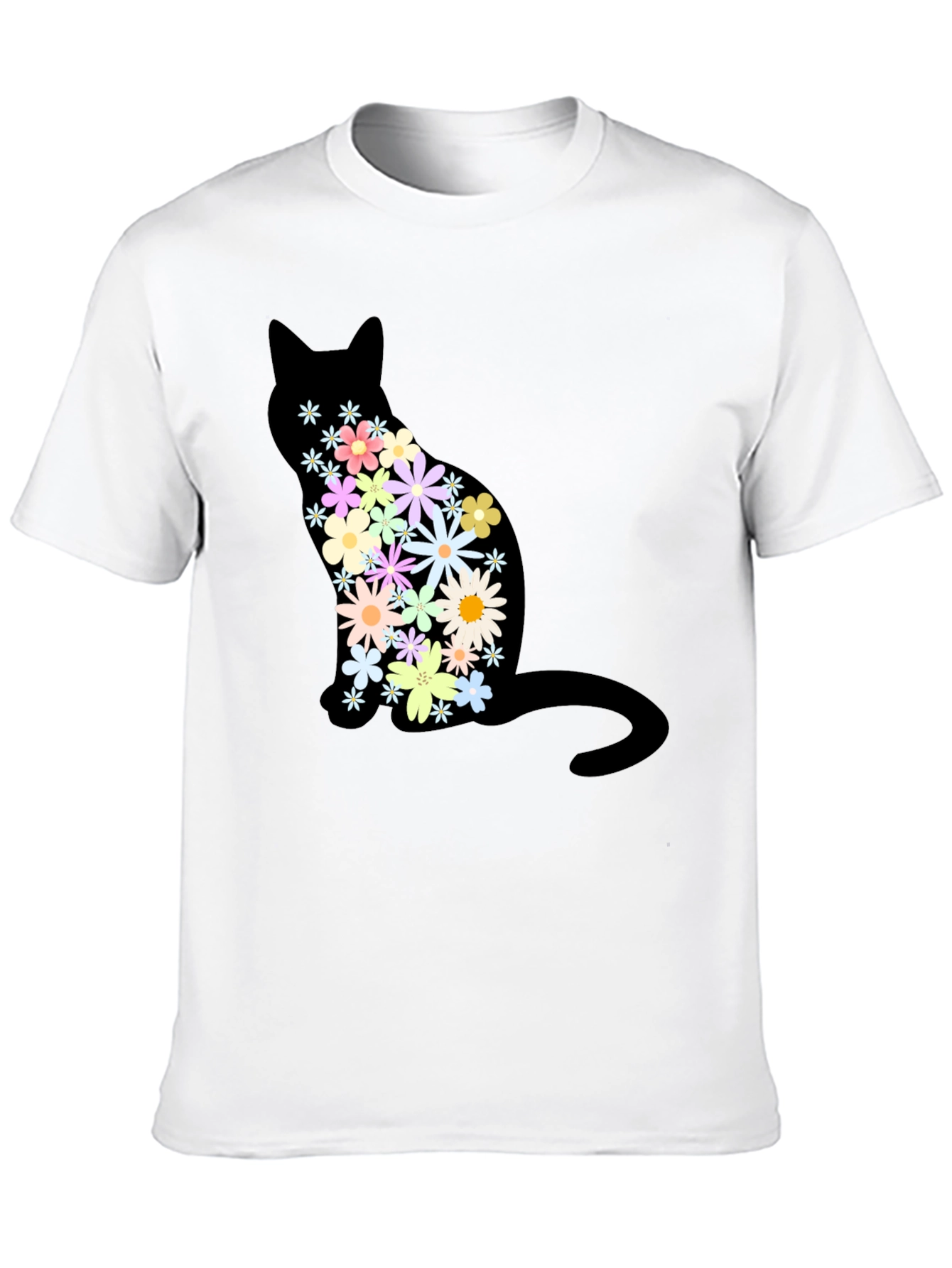 Floral Cat Graphic Print Crew Neck T-Shirt
