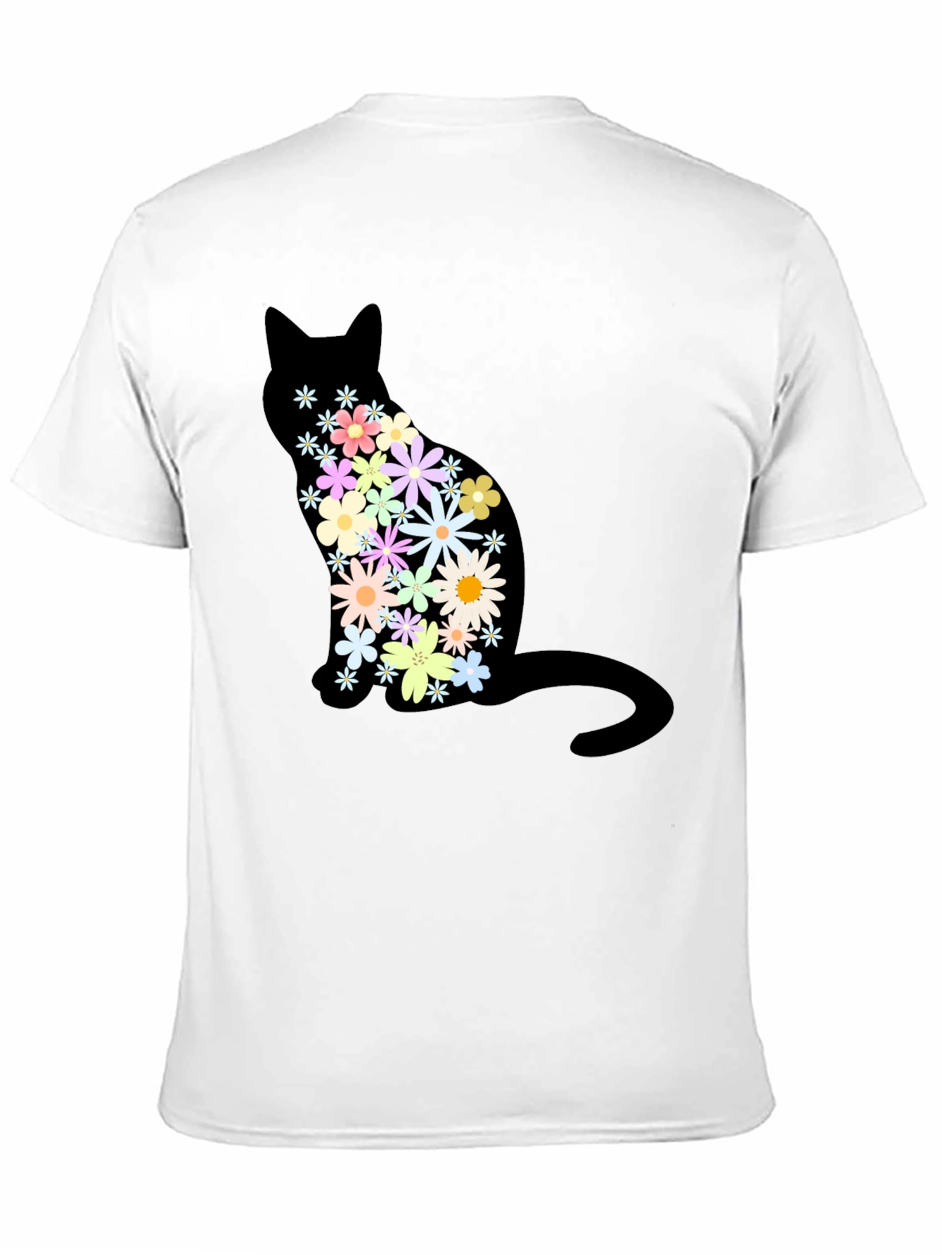 Floral Cat Graphic Print Crew Neck T-Shirt