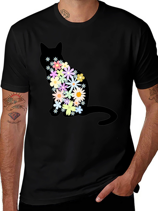 Floral Cat Graphic Print Crew Neck T-Shirt
