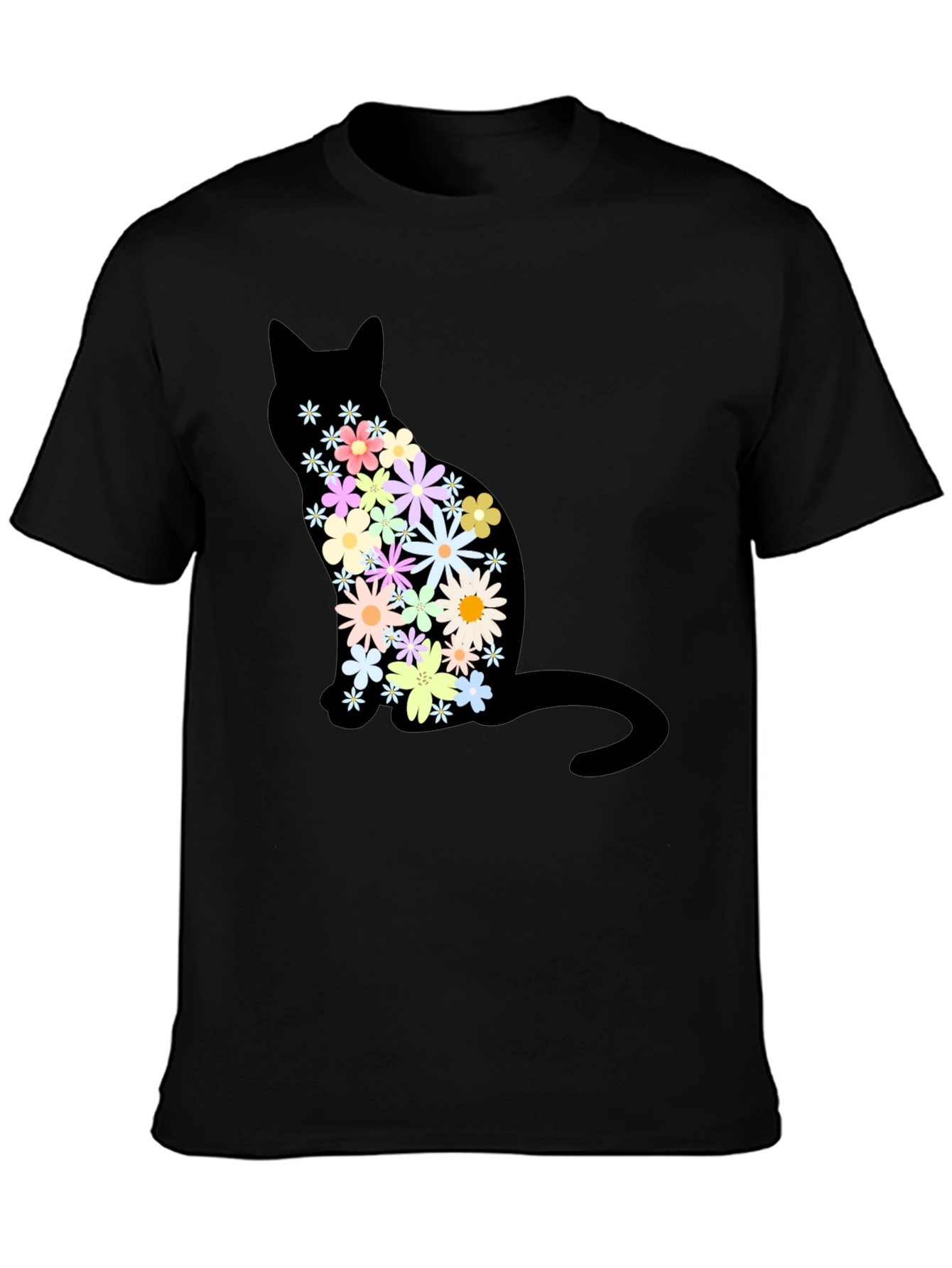 Floral Cat Graphic Print Crew Neck T-Shirt