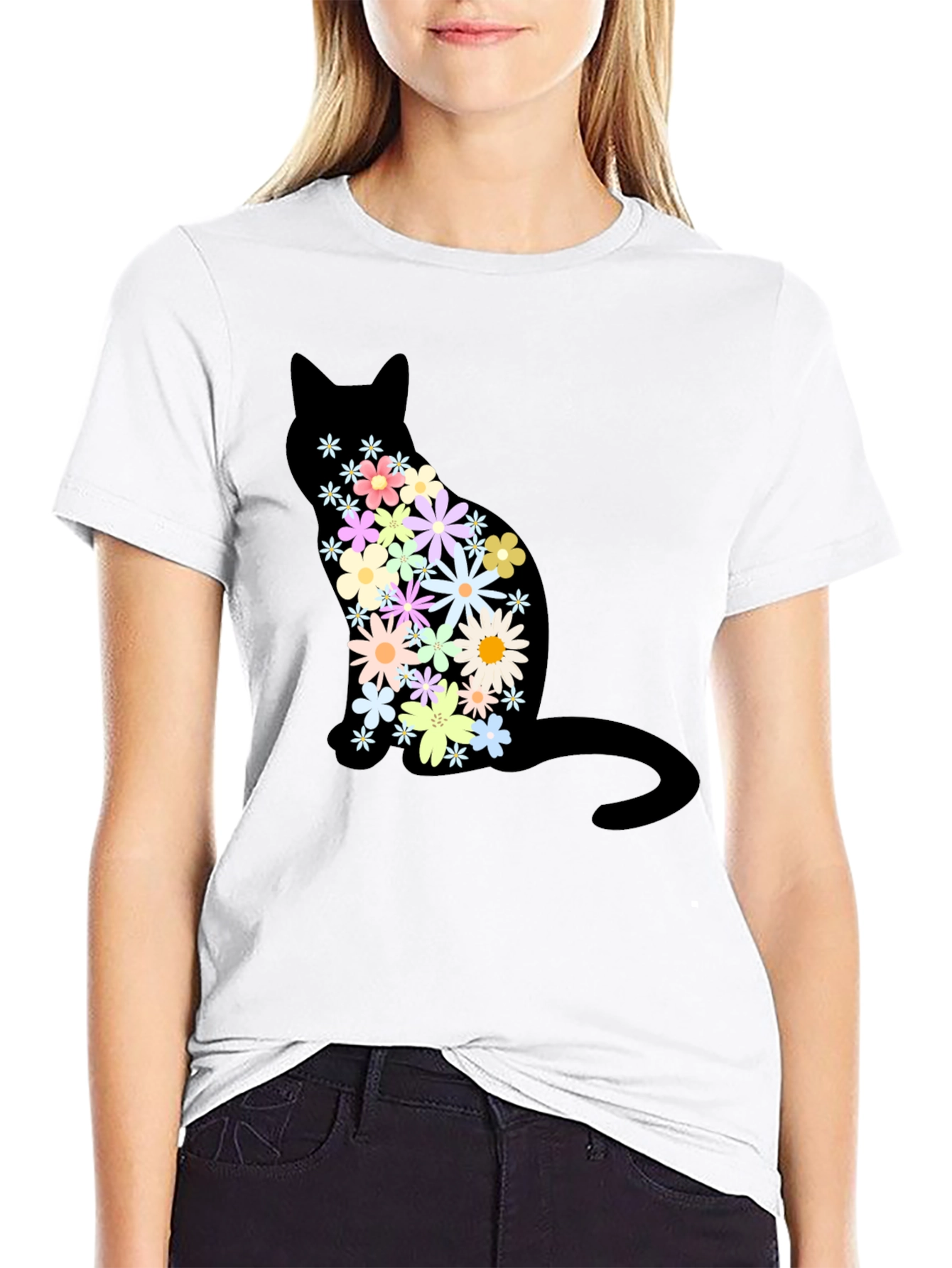 Floral Cat Graphic Print Crew Neck T-Shirt