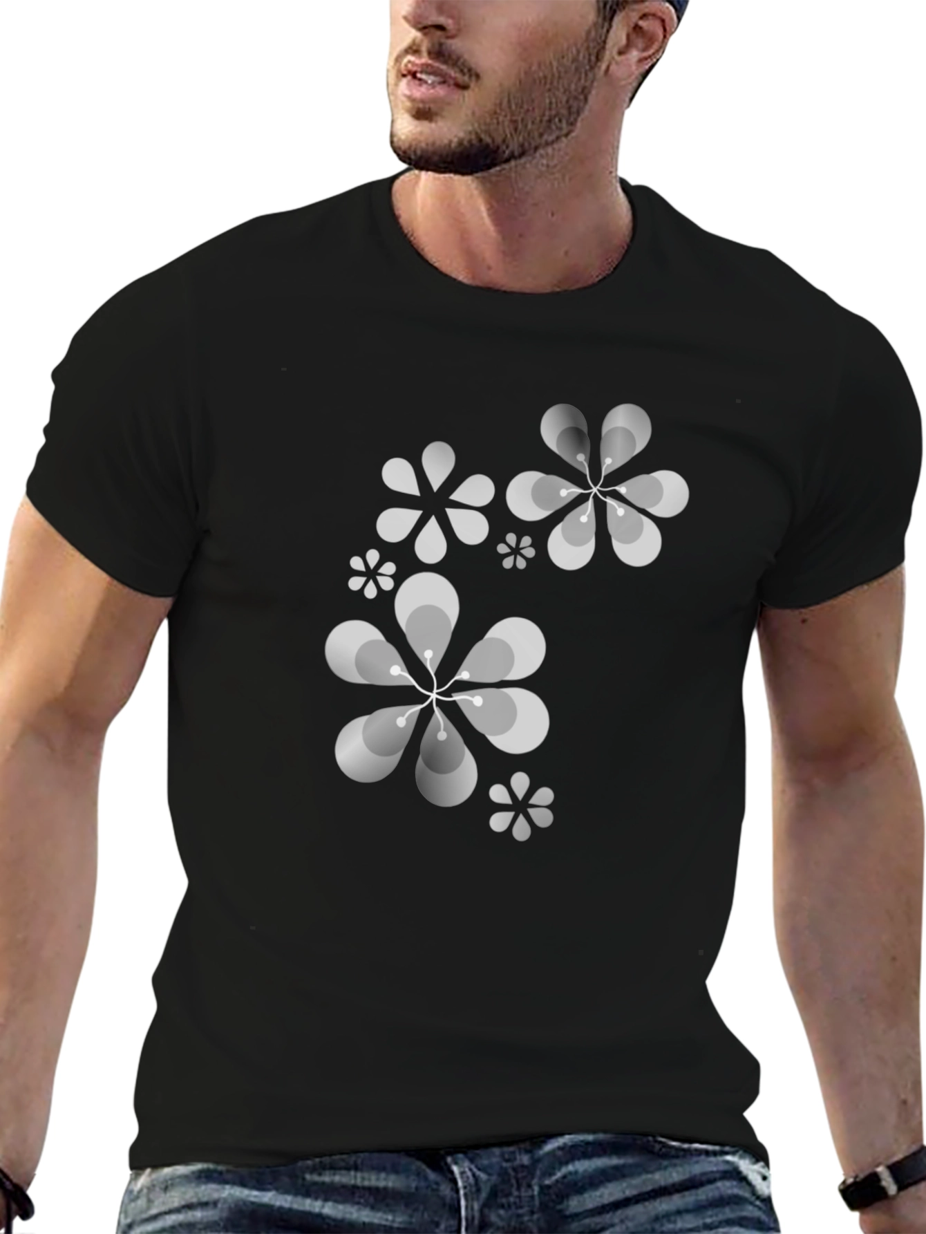 Retro Floral Print Black T-Shirt