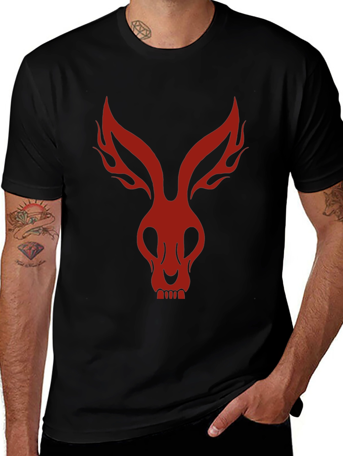 Mens Black T-Shirt with Red Rabbit Skull Design