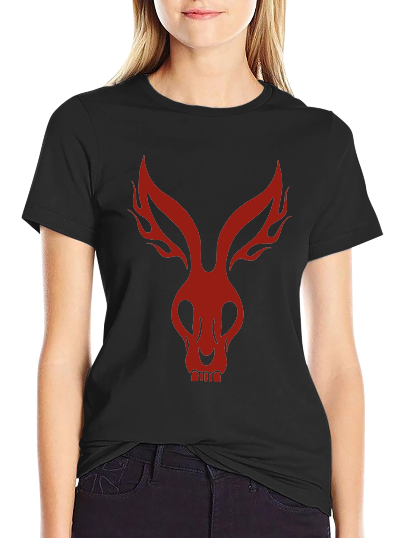 Mens Black T-Shirt with Red Rabbit Skull Design
