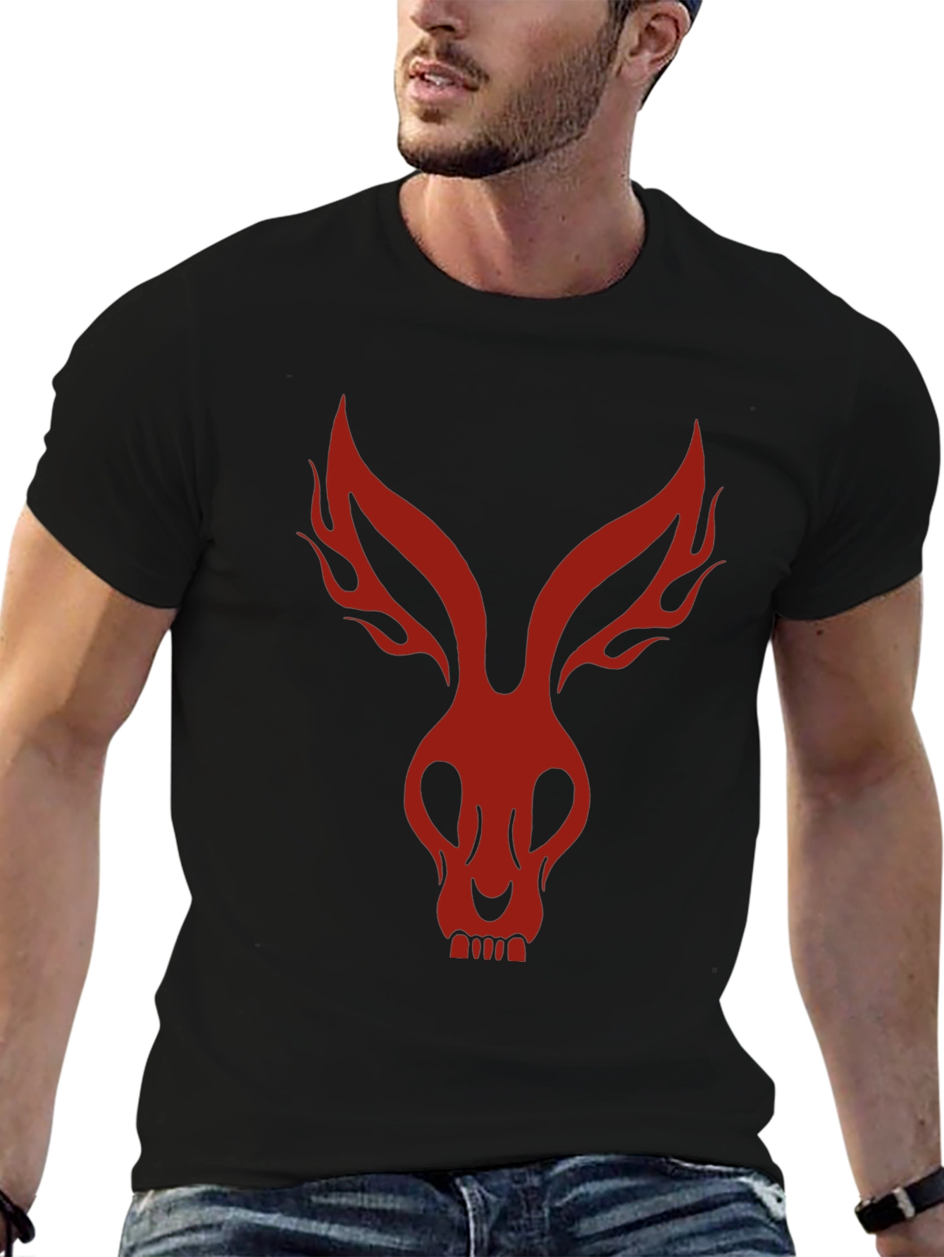 Mens Black T-Shirt with Red Rabbit Skull Design