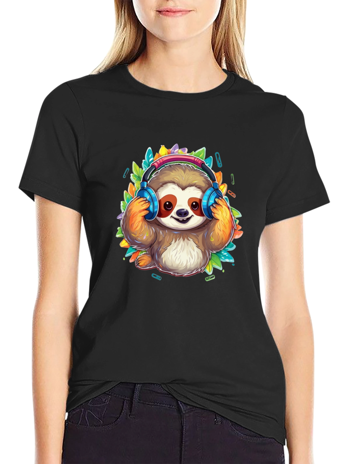 Sloth DJ Black T-Shirt - Cartoon Animal Graphic Tee