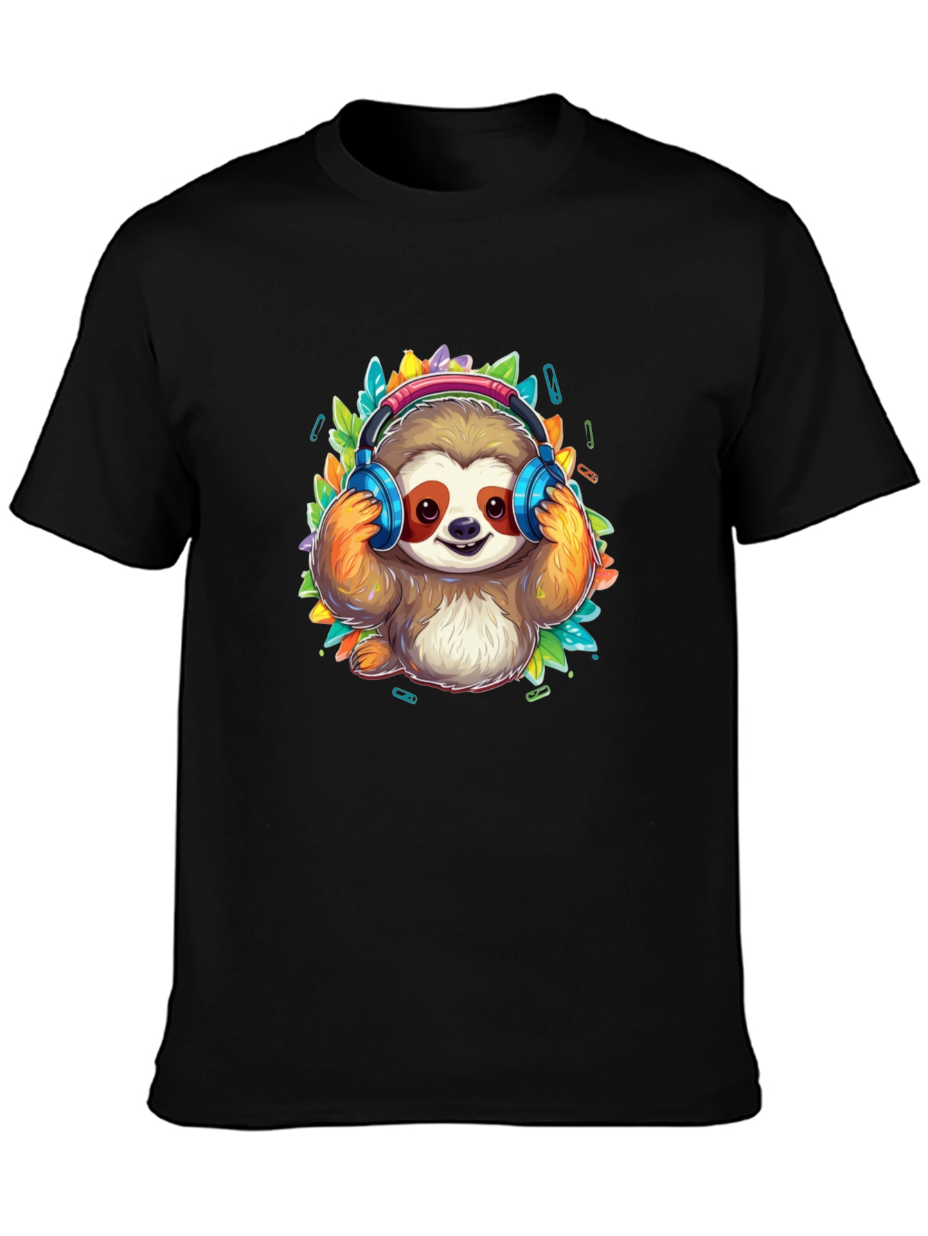 Sloth DJ Black T-Shirt - Cartoon Animal Graphic Tee