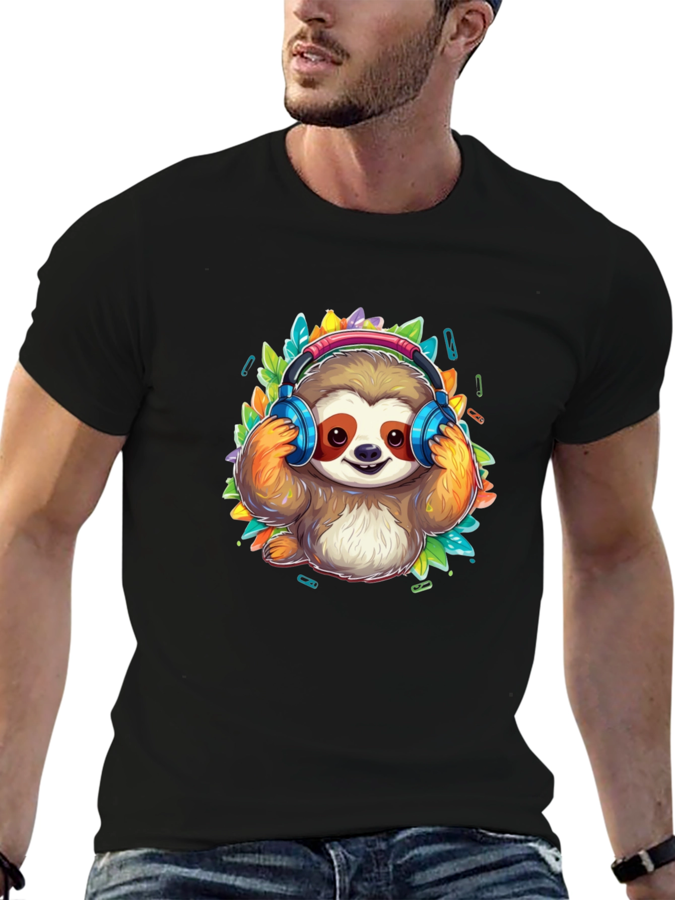Sloth DJ Black T-Shirt - Cartoon Animal Graphic Tee