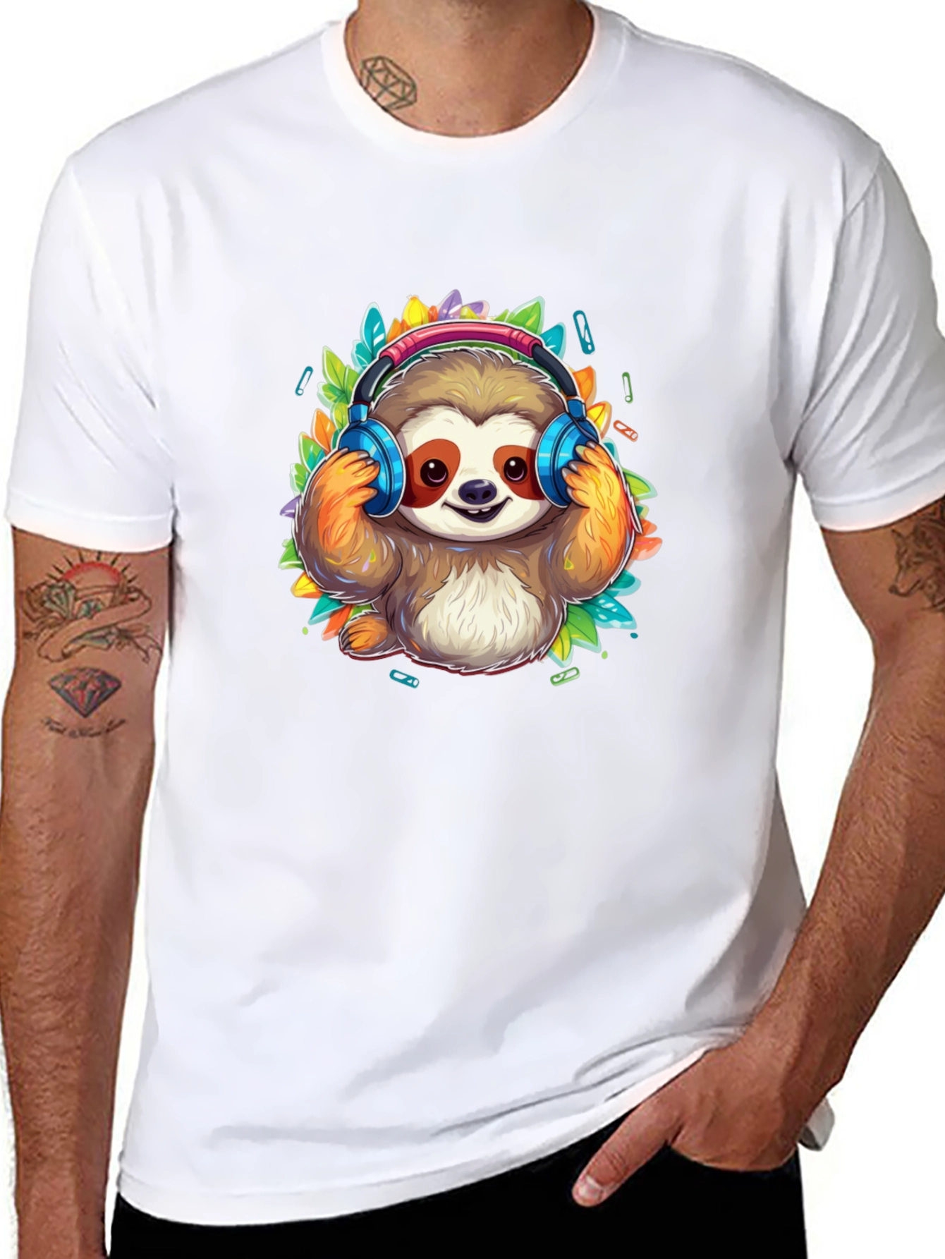 Sloth DJ Black T-Shirt - Cartoon Animal Graphic Tee