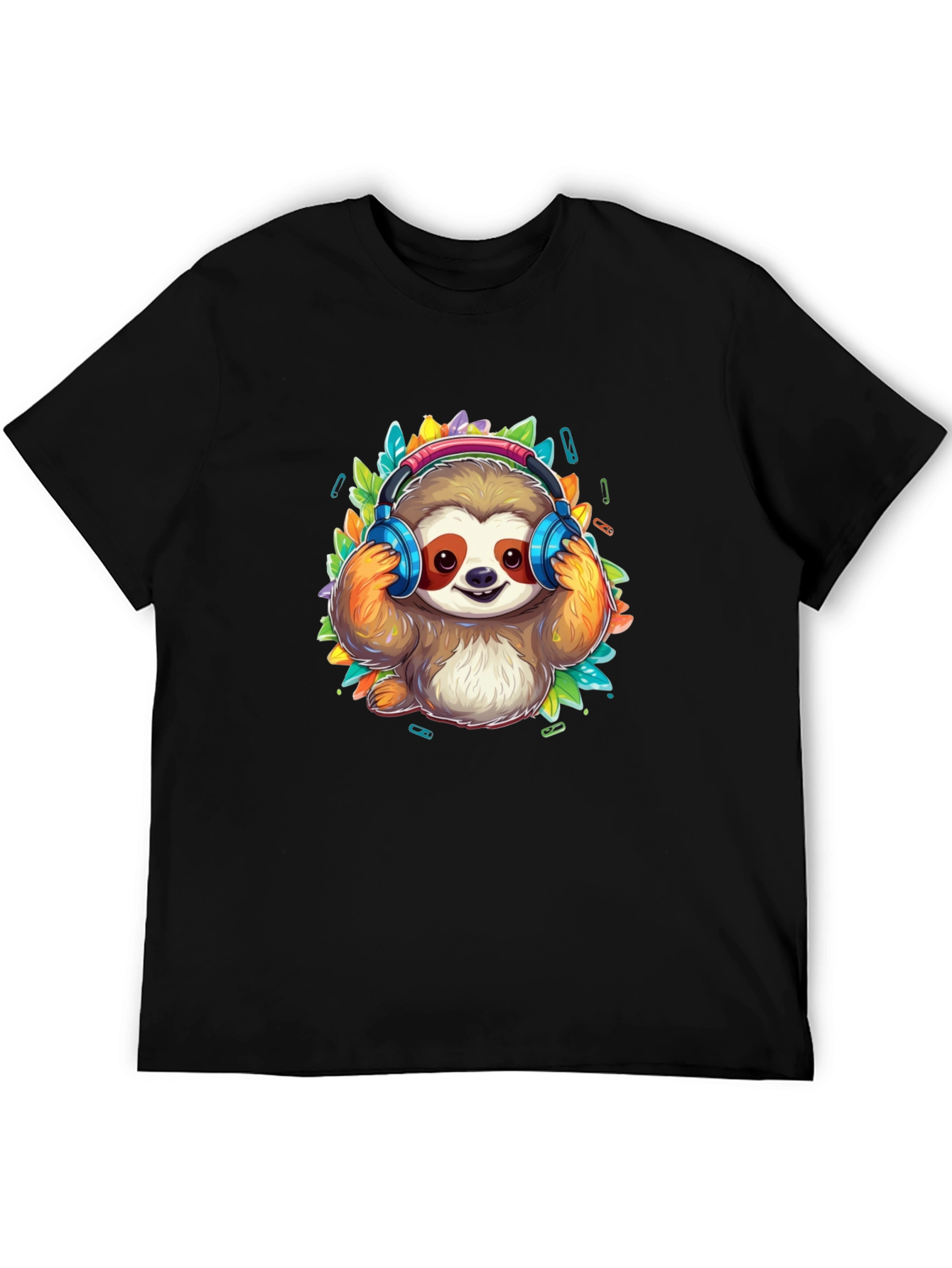 Sloth DJ Black T-Shirt - Cartoon Animal Graphic Tee