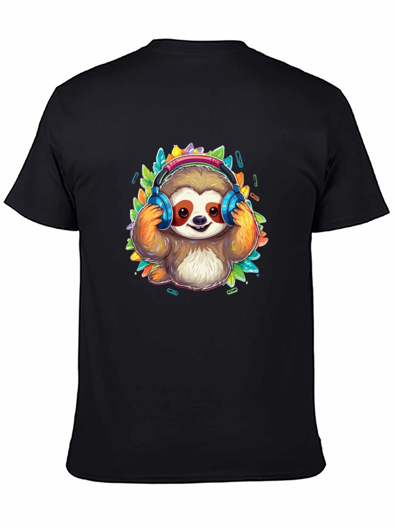 Sloth DJ Black T-Shirt - Cartoon Animal Graphic Tee