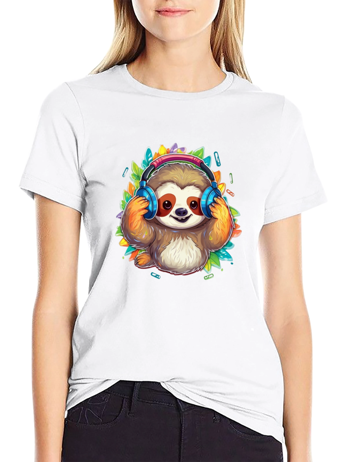 Sloth DJ Black T-Shirt - Cartoon Animal Graphic Tee