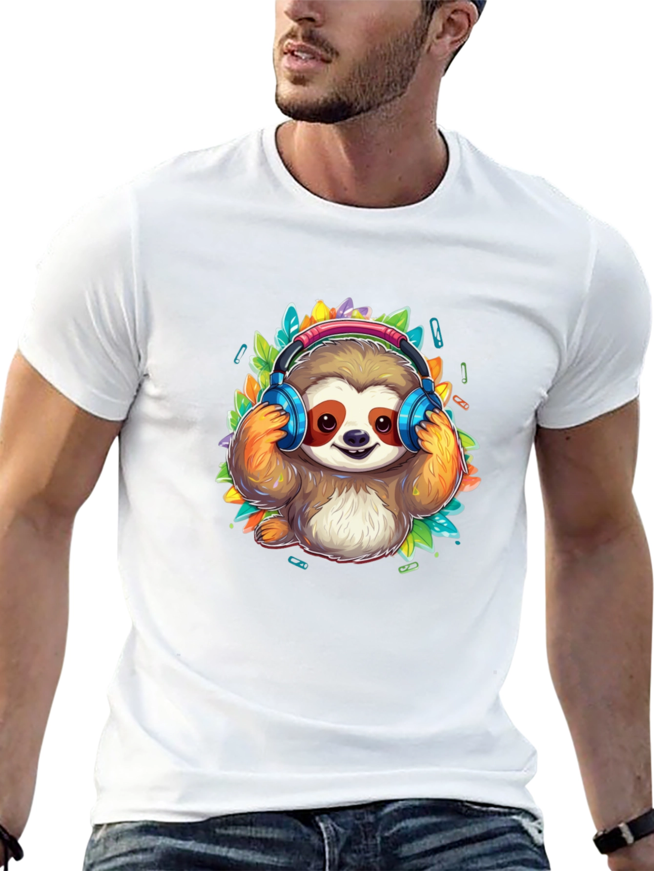 Sloth DJ Black T-Shirt - Cartoon Animal Graphic Tee