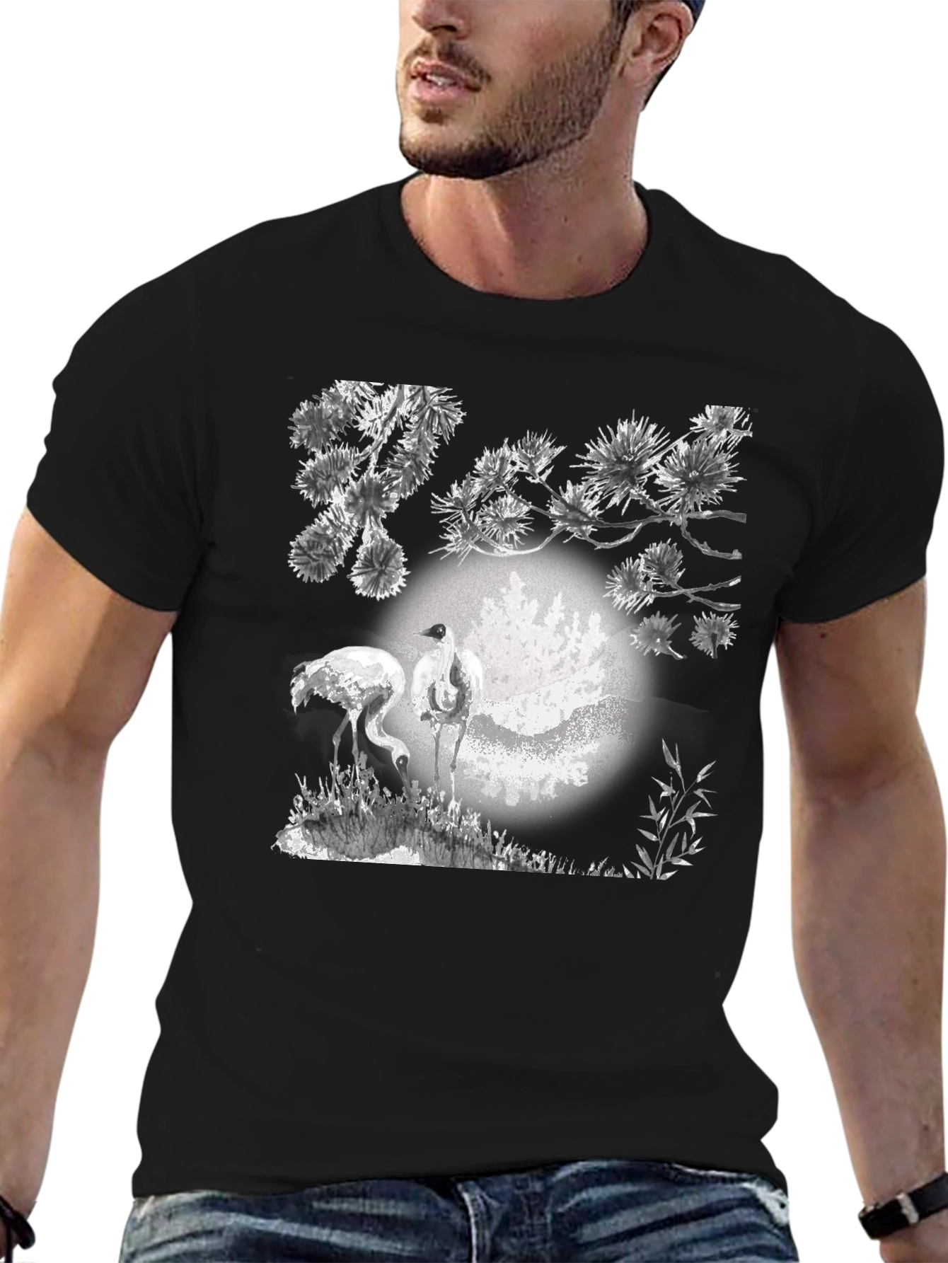 Crane and Moon Graphic Tee - Black