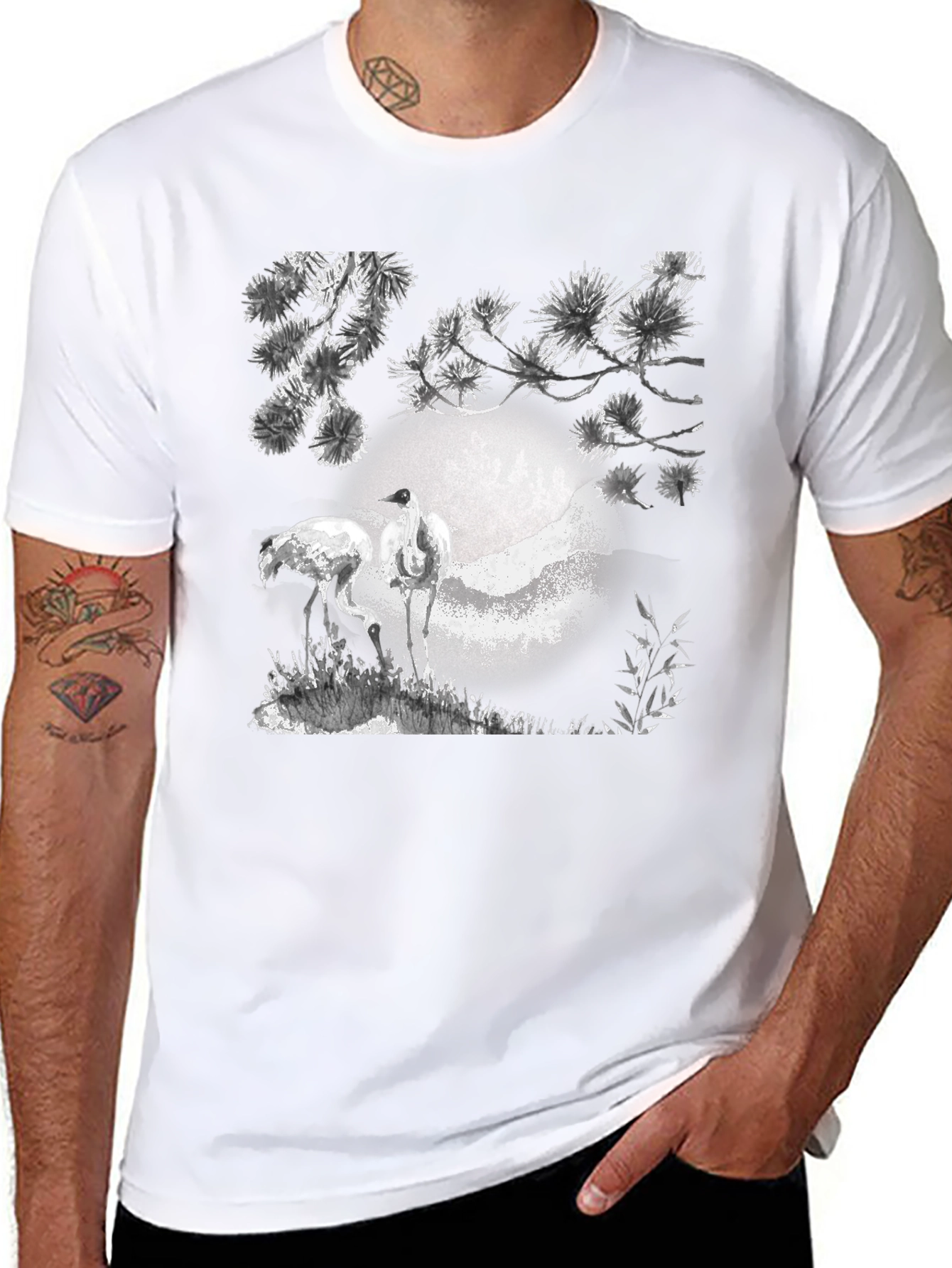 Crane and Moon Graphic Tee - Black