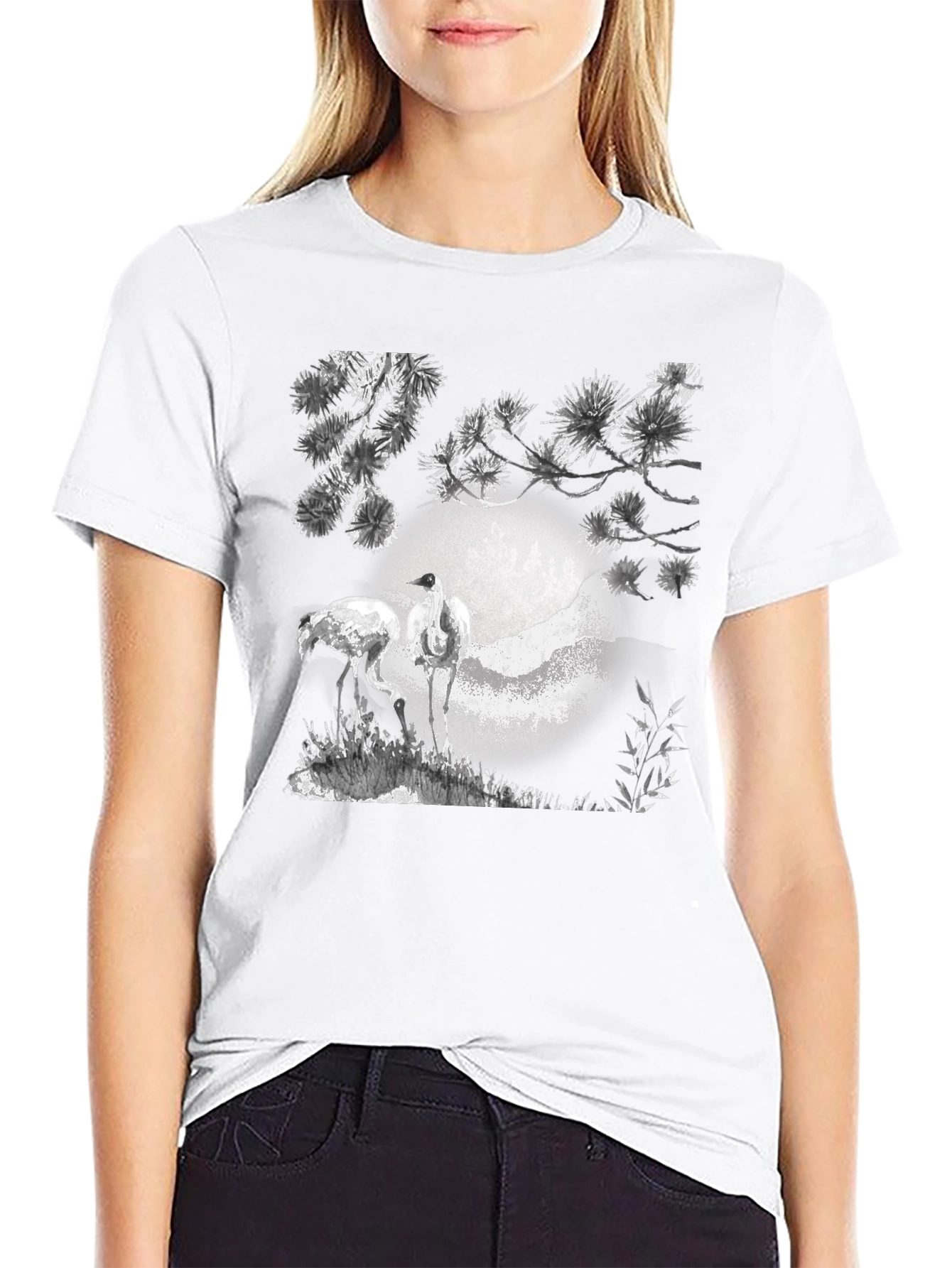 Crane and Moon Graphic Tee - Black