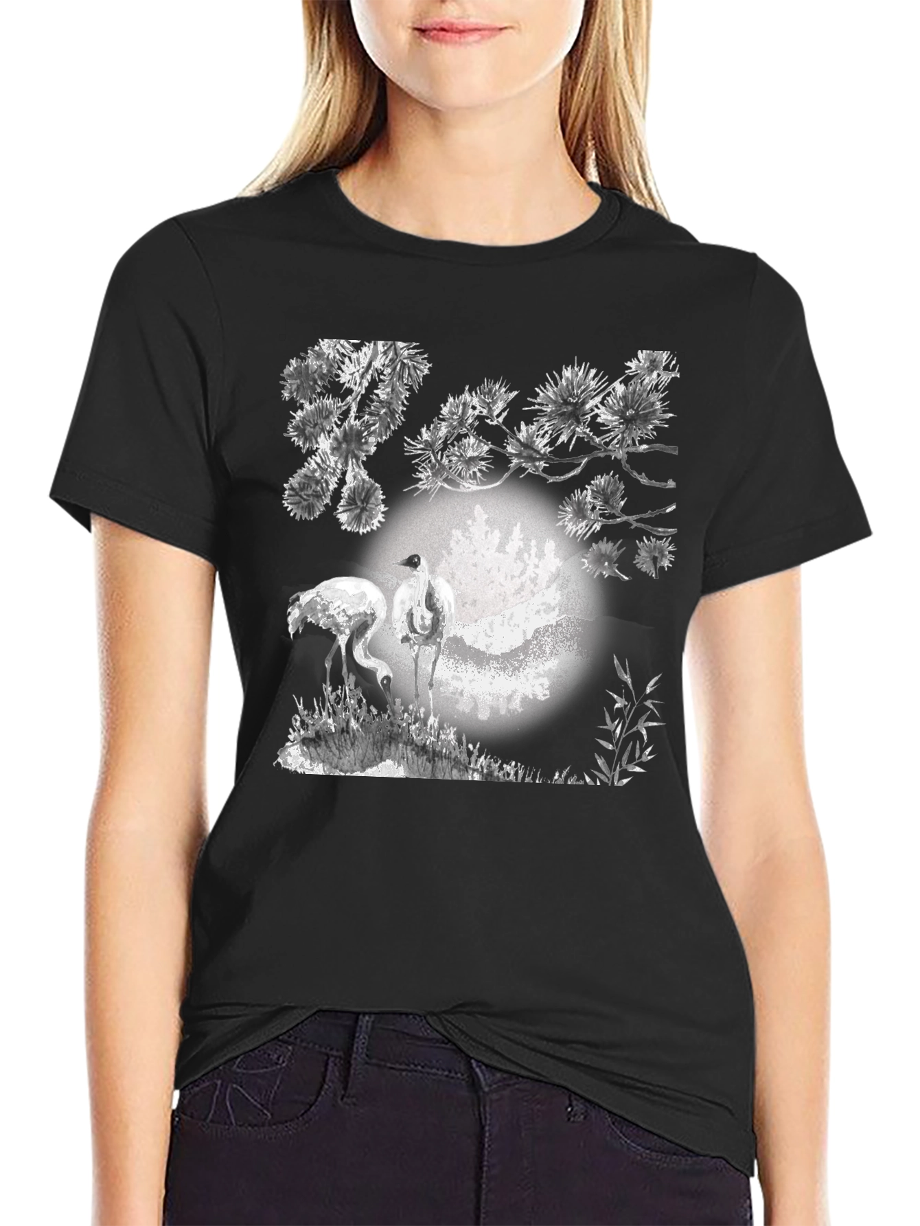 Crane and Moon Graphic Tee - Black