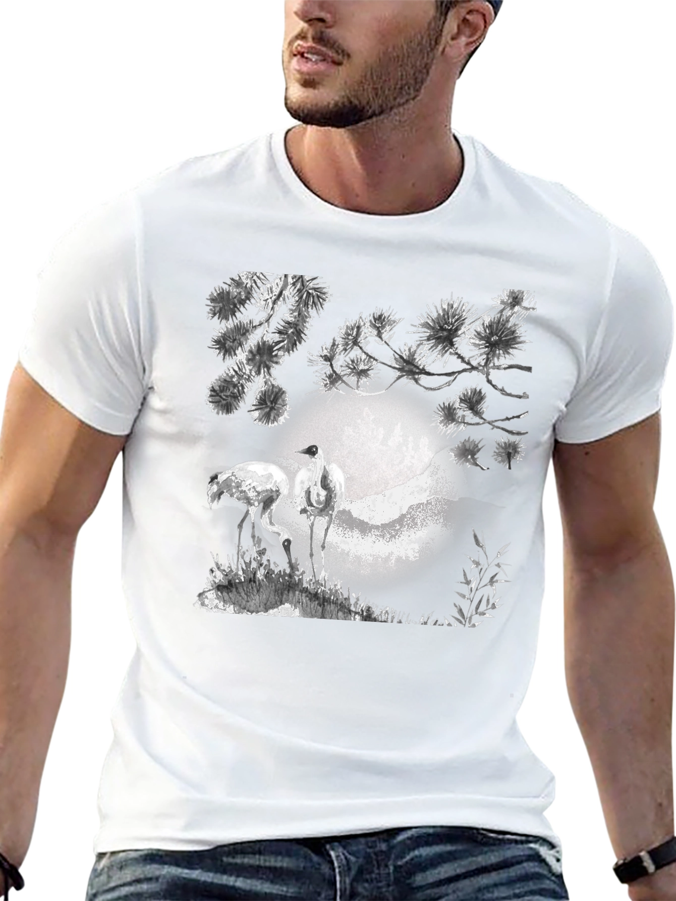 Crane and Moon Graphic Tee - Black