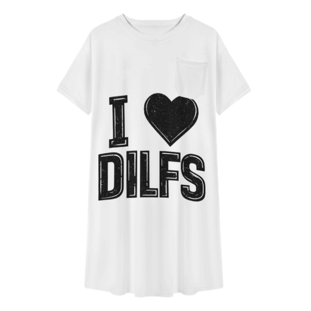 Funny I Heart DILFS Graphic Pocket T-Shirt Dress, Oversized Statement Tee Dress, Trendy Casual Lounge Outfit, Viral Humor Graphic Shirt Dress for Women(z514)