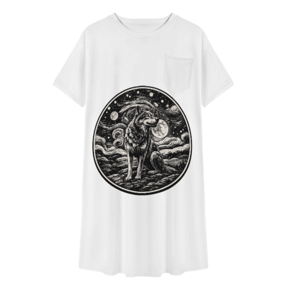 Mystic Moon Wolf Graphic T-Shirt Dress, Celestial Night Wolf Art Tee, Vintage Boho Oversized Shirt Dress, Cosmic Animal Illustration Casual Outfit(z513)