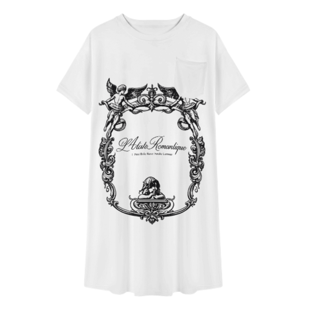 Vintage Angel Frame Graphic Tee Dress, Romantic Baroque Oversized Shirt Dress, Aesthetic Renaissance Inspired Casual Mini Dress, Soft Girl Streetwear Outfit(z519)