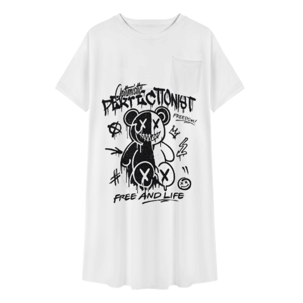 Graffiti Bear Graphic Tee Dress, Streetwear Oversized Shirt Dress, Urban Cartoon Aesthetic Mini Dress, Edgy Casual Graphic Outfit for Women(z520)