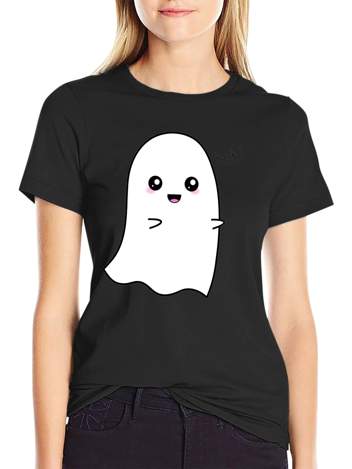 Cute Ghost Graphic Print Black T-Shirt