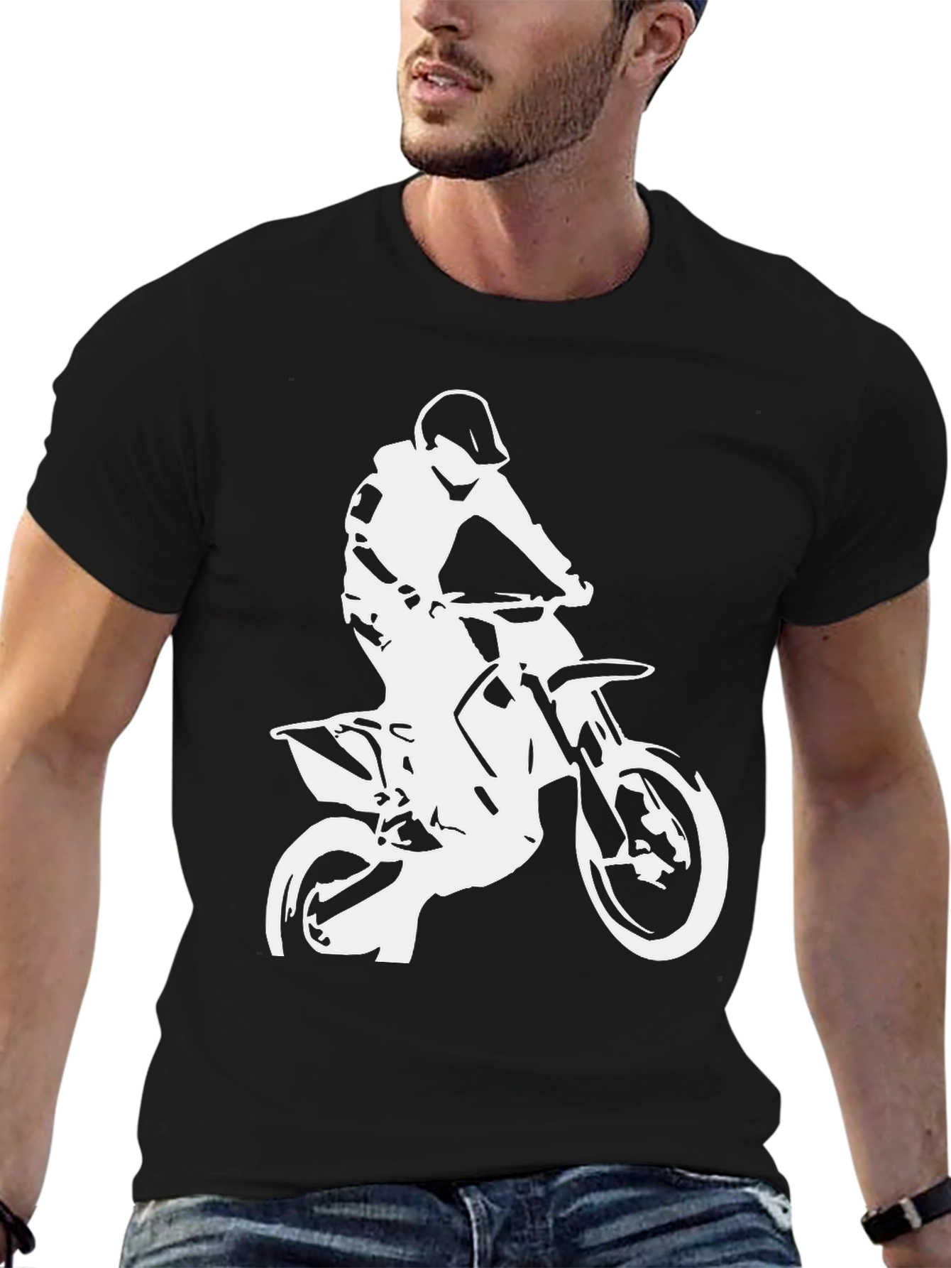 Black T-Shirt with White Motocross Rider Design