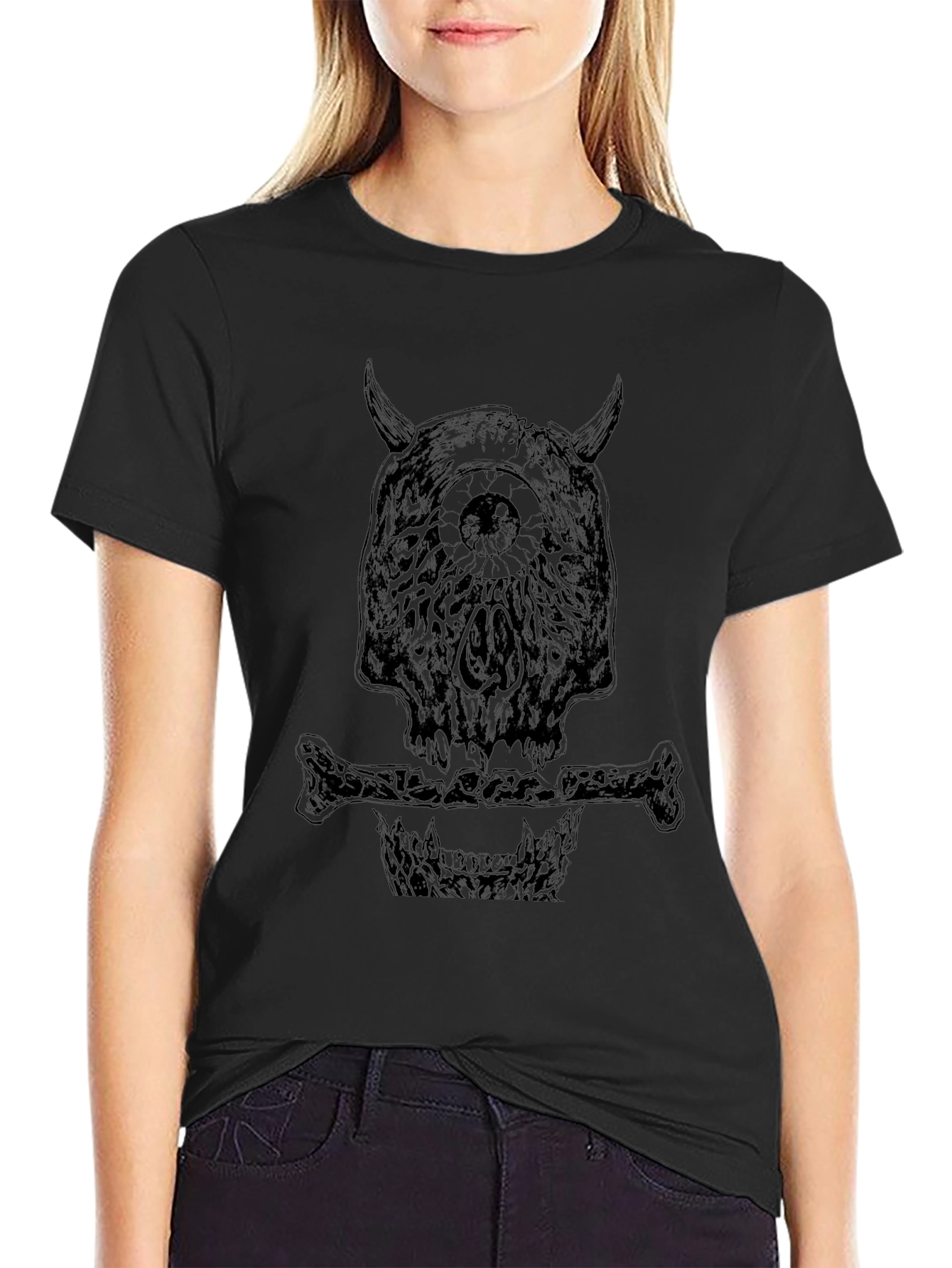 Monster Skull Graphic Tee - Black Crew Neck T-Shirt