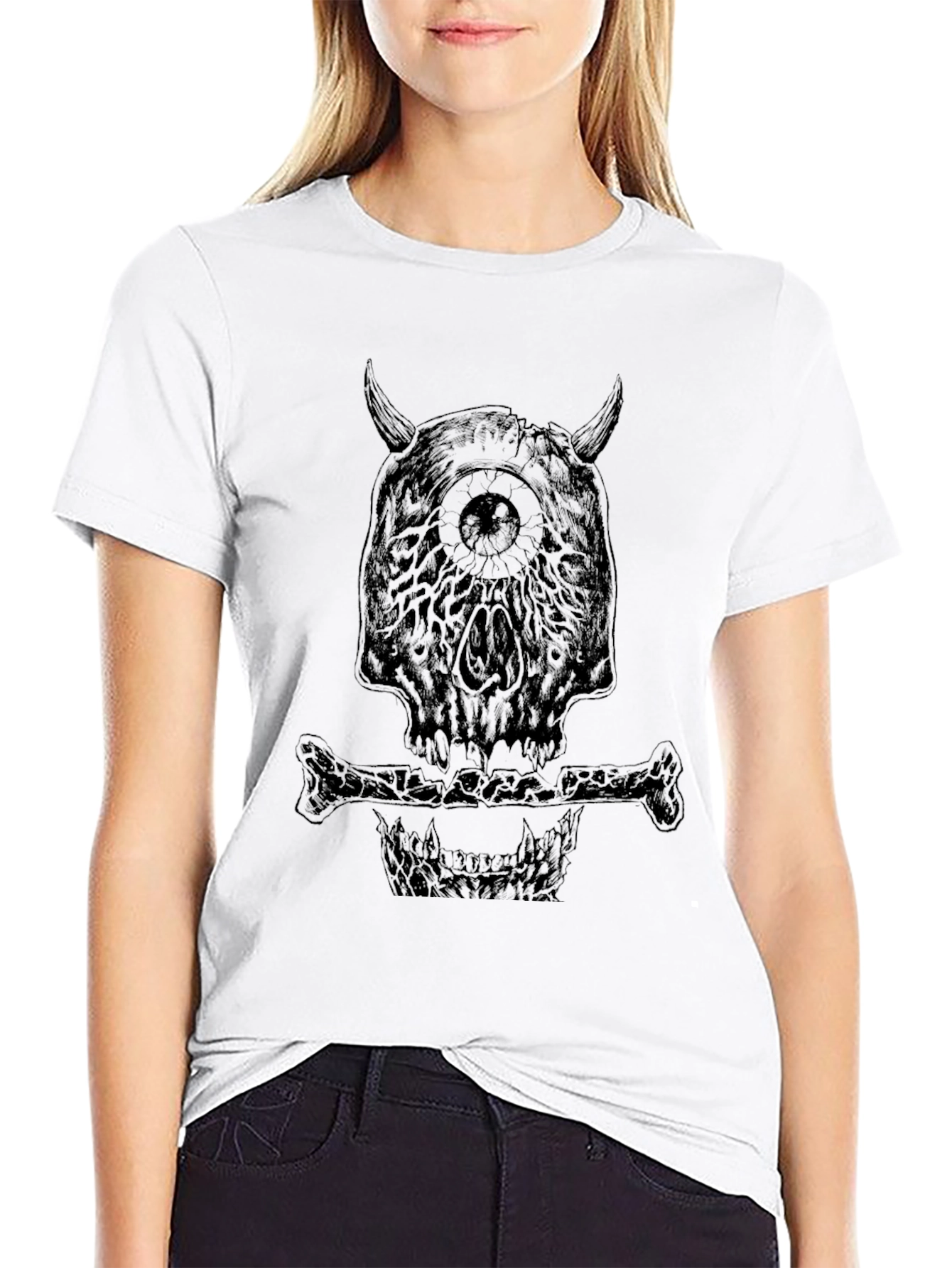 Monster Skull Graphic Tee - Black Crew Neck T-Shirt