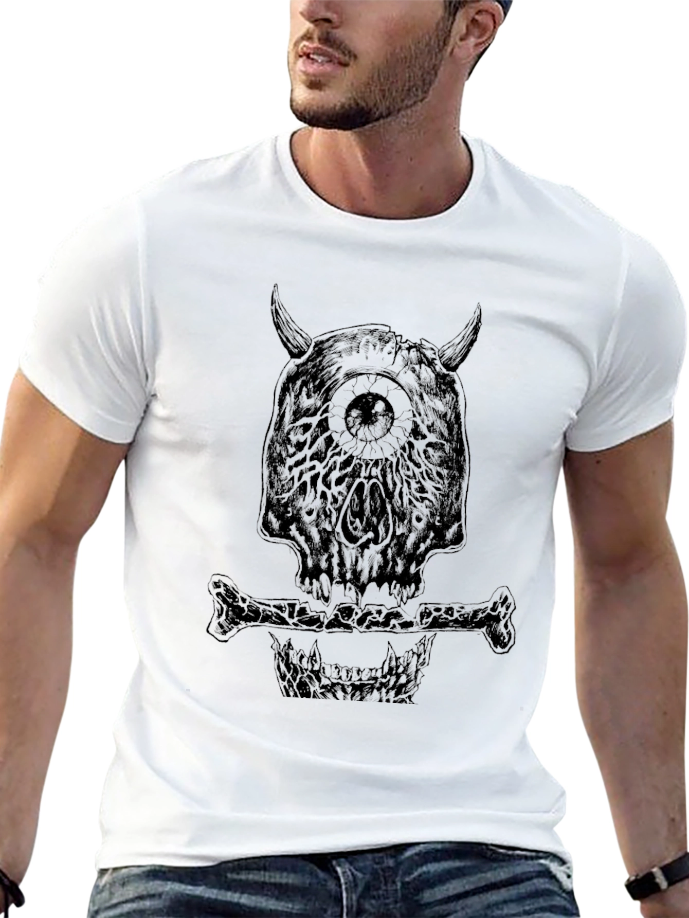 Monster Skull Graphic Tee - Black Crew Neck T-Shirt