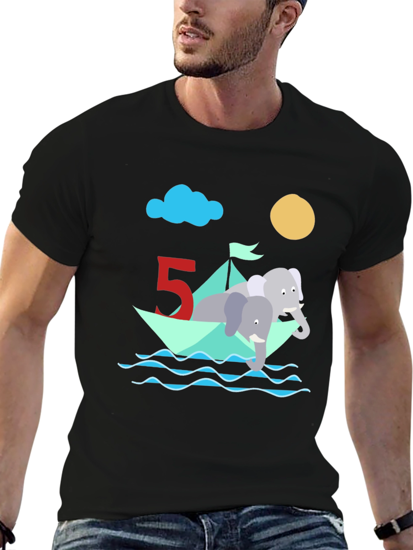 Cute 5th Birthday Elephant Boat T-Shirt