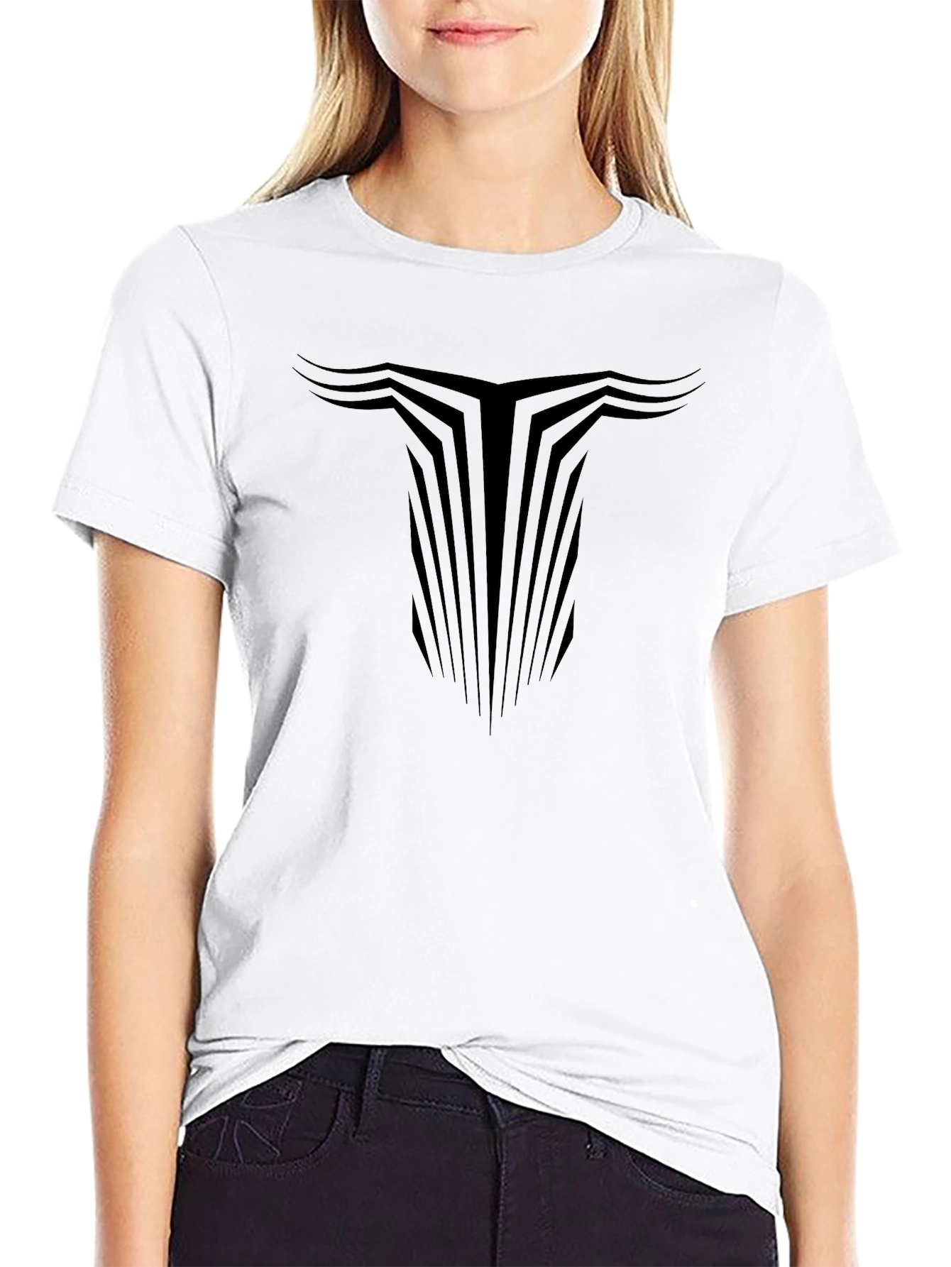 Modern Geometric Bull Head Graphic Black T-Shirt