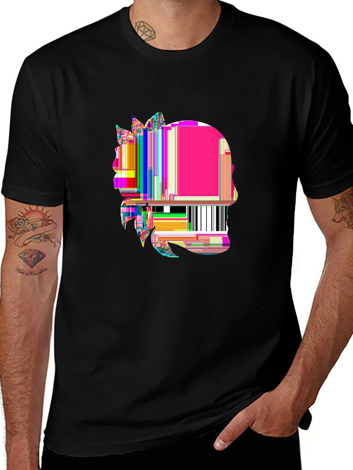 Cyberpunk Glitch Skull & Rose Neon Graphic Tee