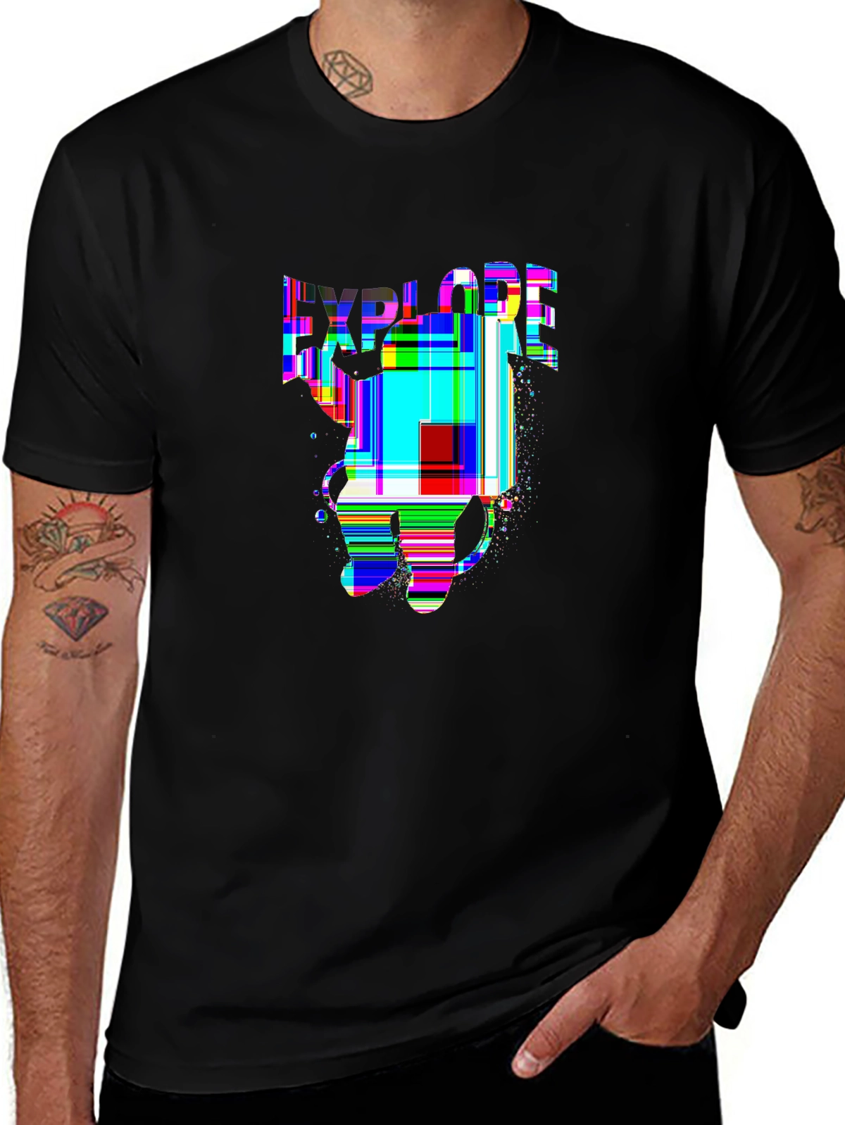Space Explorer Glitch Art T-Shirt - Vibrant Astronaut Helmet Design