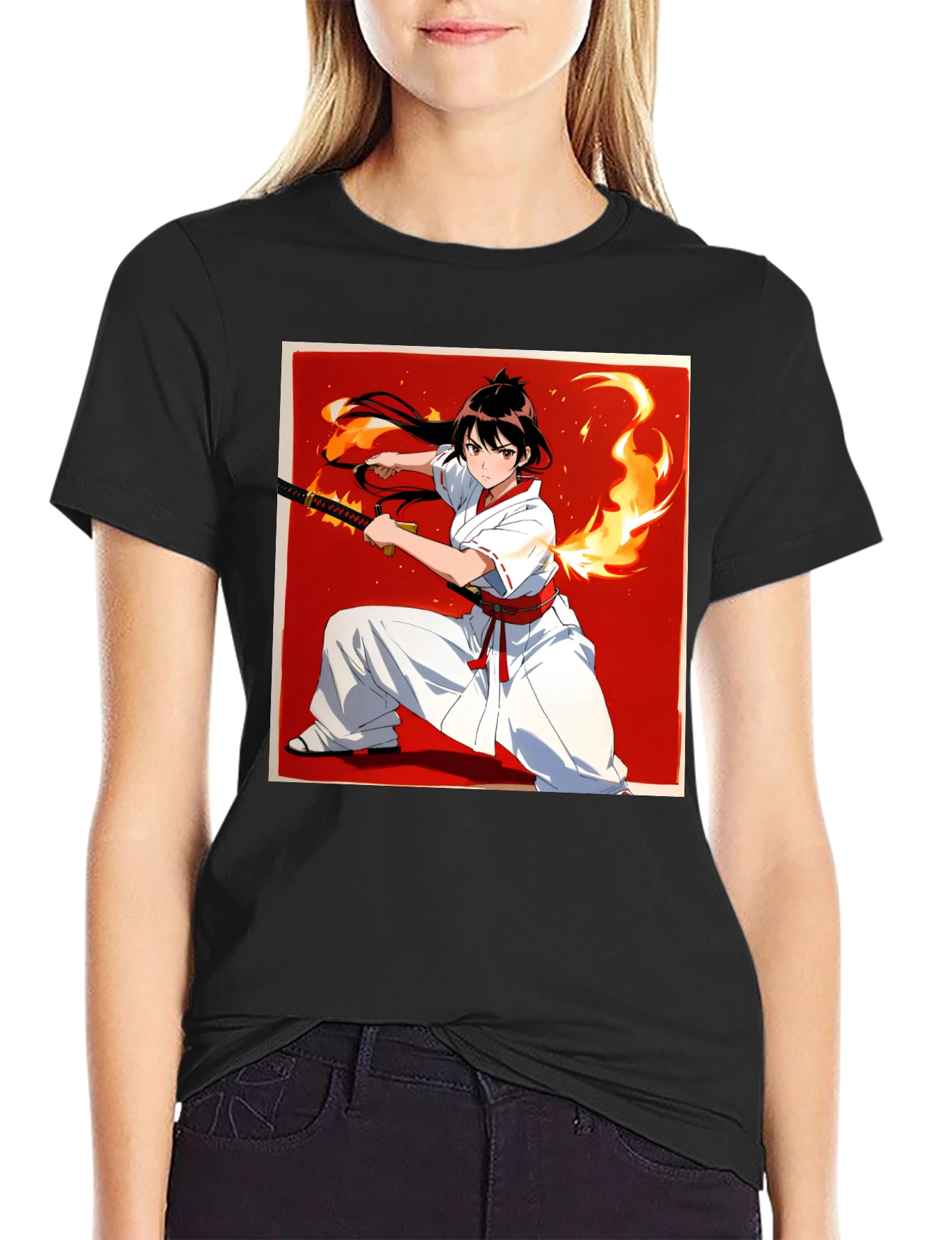 Anime Samurai Warrior T-Shirt - Black Cotton